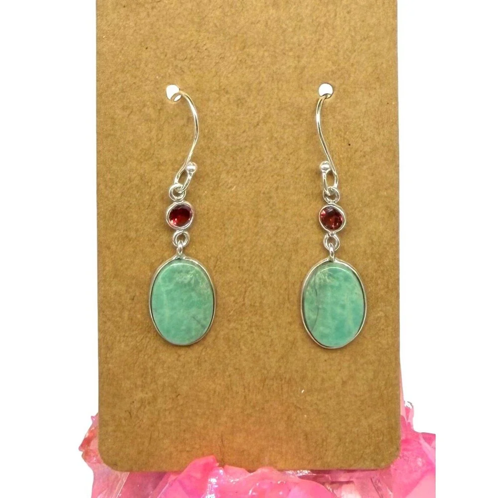 Aztec Mountain Turquoise & Garnet Earrings Solid 925 Sterling Silver Dangle Drop